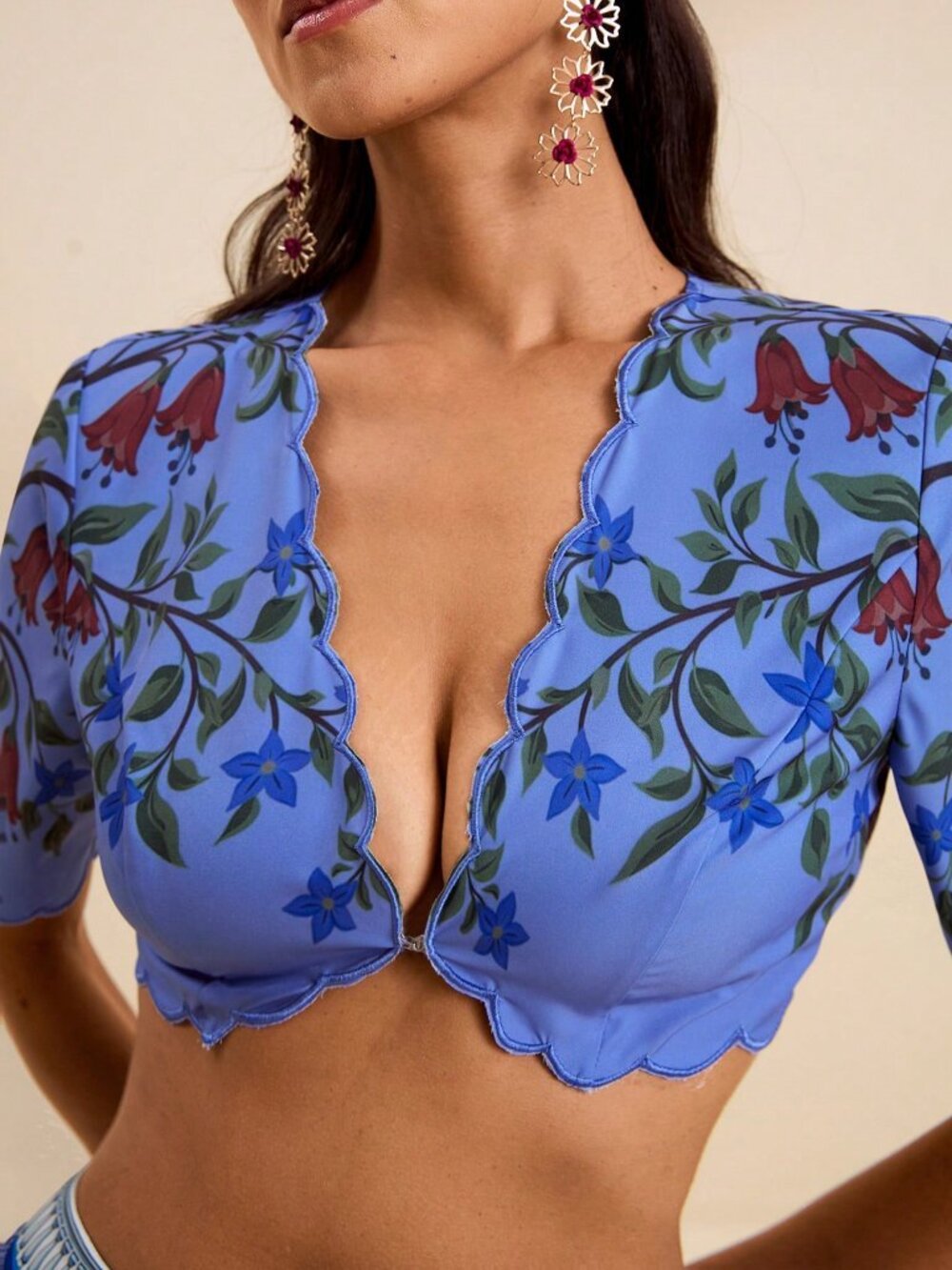 Boho Women's Short V-Neck Ruffle Trim Embroidered Floral Print Blouse - Picture 7 of 8